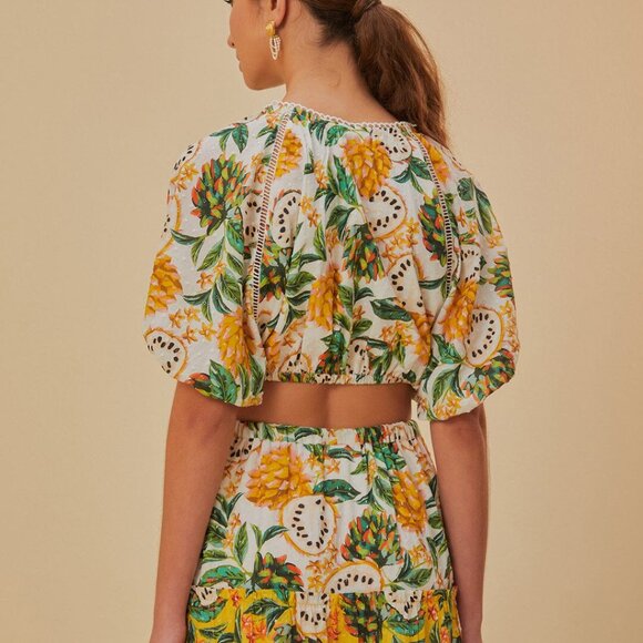NWT FARM Rio Off-White Biriba Cropped Top Yellow Green Floral Puff Sleeve Blouse - Picture 12 of 12